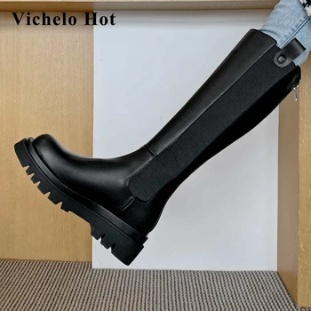 Vichelo Quente botas de montaria de couro genuíno trecho plataforma do dedo do pé redondo grosso med calcanhar de volta zipper conveniente botas de cano alto L1f2