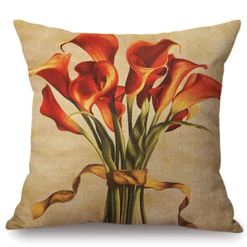 Vintage Flor de Calla Tulip Decorativos Jogar Travesseiro Para a Casa da Praça Roupa de cama de Algodão Mão Pintura Floral Capa de Almofada em Caso de 45x45cm 1