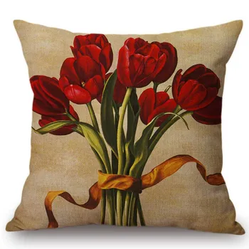 Vintage Flor de Calla Tulip Decorativos Jogar Travesseiro Para a Casa da Praça Roupa de cama de Algodão Mão Pintura Floral Capa de Almofada em Caso de 45x45cm 2