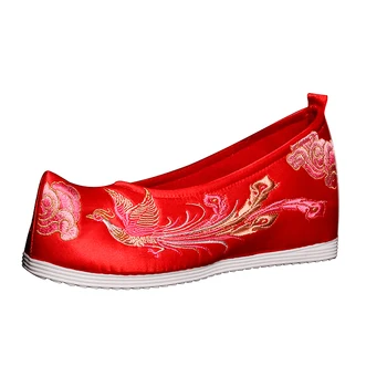 Vintage Vermelho Bordado Phoenix Noiva sapatos de Casamento Chinês Pano de Sapatos Hanfu Roupas Dentro de Aumentar a 5cm