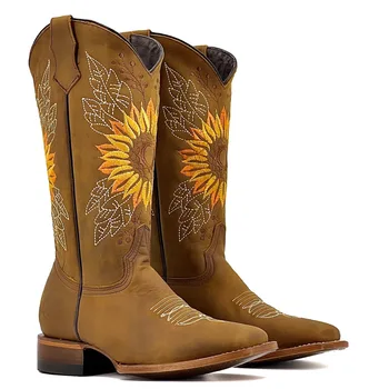 Western Cowboy, Botas De Mulheres Dedo Apontado Mulheres Sapatos Vintage Cavaleiro Das Mulheres Botas De Bordado Cor De Bloqueio De Inverno Meados De Tubo De Botas