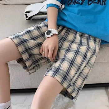 Xadrez em azul Shorts Mulheres de Verão Folgado-shorts Império de Grande perna do Joelho-comprimento de Calças Unisex Bolsos coreano de Moda de Todos-jogo de Fundo de 2
