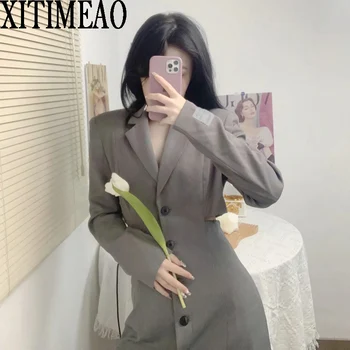 Xitimeao Nova Mulher Elegante Terno Vestido De Manga Longa Oco Cintura Vestido Office Vestidos Casuais Primavera, Outono Slim Mini Vestido