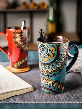 Xícara de porcelana com tampa colher Caneca grande capacidade de casal copo criativo xícara de café de estilo retro água potável copa do agregado familiar 0