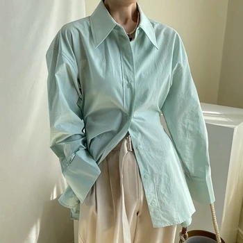 ZCSMLL coreano outono nicho estilo de design de lapela lado plissado single-breasted cintura fenda lateral, camisa de manga comprida mulheres 4