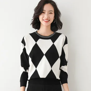 À volta do decote da camisola feminina outono inverno novo camisola xadrez coreano cor de plano de fundo camisa das mulheres