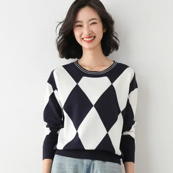 À volta do decote da camisola feminina outono inverno novo camisola xadrez coreano cor de plano de fundo camisa das mulheres 2