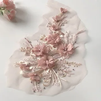 1 pedaço de Chiffon tridimensional Contas de Flores de Malha Bordado Tecido Vestido de Noiva de Renda Acessórios de Decoração DIY laço de artesanato