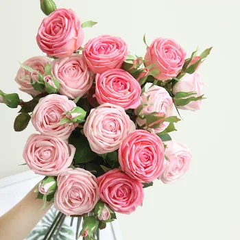 1 Ramo de Rosas Flores Artificiais Flores do casamento Bouquet de Noiva de Látex Verdadeiro Toque de Rosa do Buquê de Casamento Casa de Festa Flores