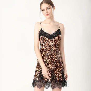 100% Seda Leopard Camisola das Mulheres do Laço Slim Fit Senhoras Camisola de Festa Elegante e Sexy Cetim de Dormir sp0172 0