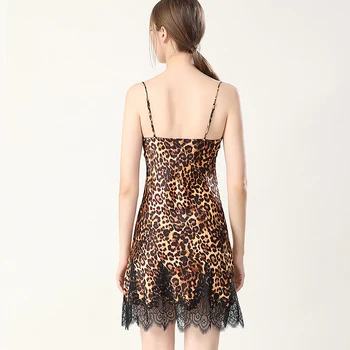100% Seda Leopard Camisola das Mulheres do Laço Slim Fit Senhoras Camisola de Festa Elegante e Sexy Cetim de Dormir sp0172 4