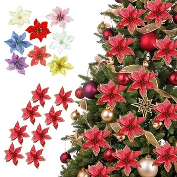10pcs de Ouro Flores Artificiais Feliz Natal Decoração de Brilho de Flor de Árvore de Natal Festa de Casamento Decoração da Casa 2022 Feliz Ano Novo 0