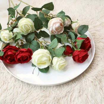 10Pcs Simulação 3 Cabeças Rose Bud Buquê de Flores Artificiais para Casamento de Flor de Parede, plano de Fundo, Decoração do Falso Coroa de flores Rosa 0