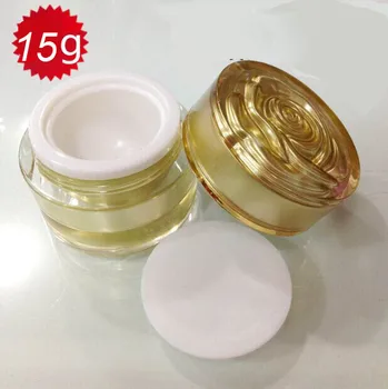 15G cor de Ouro vazia de plástico, cosmético ,0.5 oz plástico creme jarra com flores tampa,vazio 15g de Cosméticos Jar atacado 0