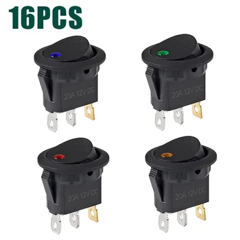 16PCS Alternar LED de 3 pinos do Interruptor Redondo Rocker Alternar Botão do Interruptor da C.C. 12V 20A ON/Off Alternância de Controle Azul Verde Amarelo Vermelho