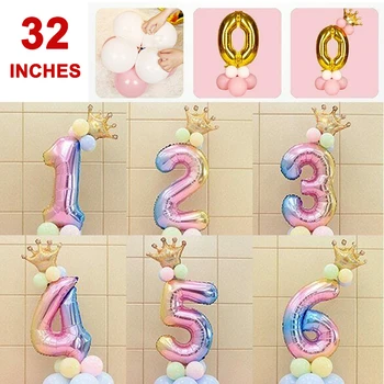 17Pcs/Set arco-íris Número de Balões Folha de 32 Polegadas Balão Coroa 0-9 Digital Bola de Casamento, Decoração de Festa de Aniversário, Decoração