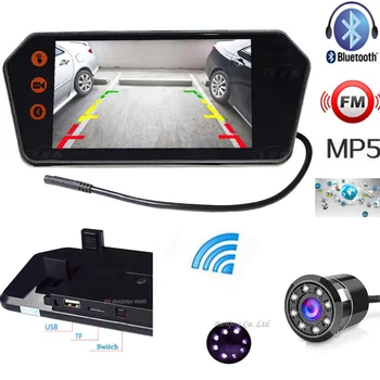 2018 mais Recentes Estacionamento sem Fios Carro câmera de visão traseira de 8 de IR de marcha à ré & Car Monitor do Espelho de 1024*600 Bluetooth FM MP5 Display Digital 0
