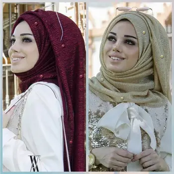 2019 Glitter Brilho Plissado Islâmica Muçulmana Hijab Cachecol, Xale Mulheres Planície Longo Xale Enrugada, Amassada Maxi Hijabs com Pérolas 0
