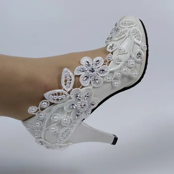 2020 Chegada Nova Flor Branca de casamento sapatos de 5cm8cm/10cm de salto Alto dedo do pé redondo sapatos para mulher Dama de honra de cristal Vestido de Festa Sapato 0