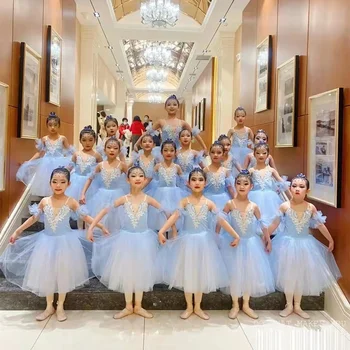 2022 Azul Vestido De Bailarina De Balé De Meninas A Saia Longa De Dança Vestido Para As Mulheres De Crianças Desempenho Trajes De Meninas Funda Dança Do Ventre