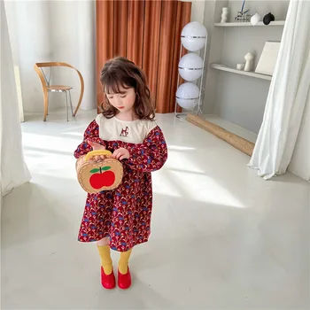 2022 Primavera Crianças Meninas Coreano Bordado Veado Pastoral Floral Vestido De Princesa Vestido De Meninas De Estilo Retro