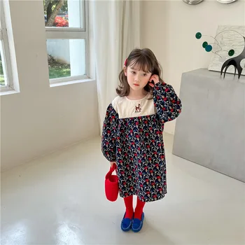 2022 Primavera Crianças Meninas Coreano Bordado Veado Pastoral Floral Vestido De Princesa Vestido De Meninas De Estilo Retro 2