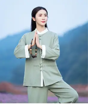 2022 roupa de cama de algodão casual duas peças chinesas estilos vintage mulheres top de perna larga calças conjunto de tang terno manto orientale retro zen terno 1