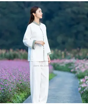 2022 roupa de cama de algodão casual duas peças chinesas estilos vintage mulheres top de perna larga calças conjunto de tang terno manto orientale retro zen terno 3