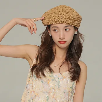 2022 verão nova retro palha boina feminina líquido vermelho com o mesmo pintor chapéu respirável chapéu de palha feminino de verão