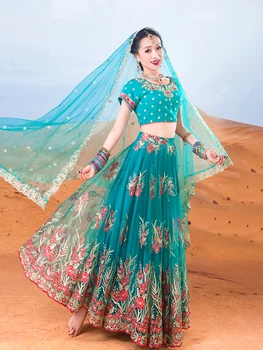 2022 Índia Sarees Para o Desempenho Mulher Azul Pavão Lehenga Choli Dança do Ventre Vestido de fio de Ouro Embroideried Senhora do Vestido de