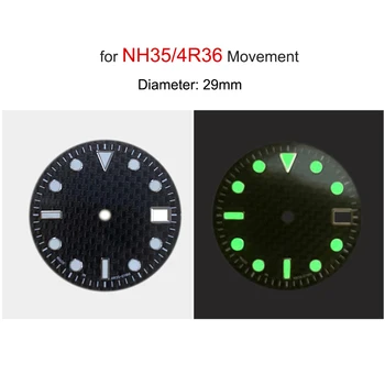 29mm Verde Luminoso Mostrador do Relógio para NH35/4R36 Movimento Modificado a Parte de Fibra de Carbono Mostradores de Substituição de Relógios Acessórios