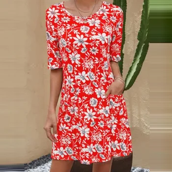 A Coleção Primavera / Verão De Impressão Mini Vestido Das Mulheres Casual O-Pescoço Curto Mangas De Moda De Bolso Do Vestido Da Dama De Escritório De Uma Linha Elegante Floral Vestidos 2