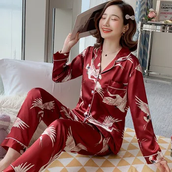 A primavera e o Outono Novas Senhoras de Pijama Gelo Seda Fina Nobre de Lazer para Casa Vestir Pijamas Mulheres Sono Tops Pijamas para Mulheres 1