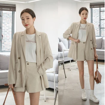 A primavera e o verão coreano temperamento pequeno terno de algodão e linho moda feminina casual terno de linho 0