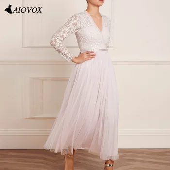 AIOVOX Elegante V-Pescoço Laço de Dama de honra, Vestidos de cor-de-Rosa Simples estampa Floral Frisado Vestidos de Noite Cheios SleeveVestidos De Noche 0