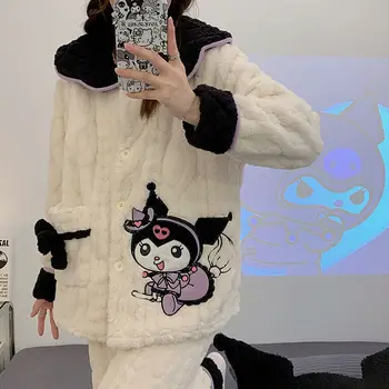 Anime Sanrio Hobby Kuromi Coral do Fleece Pijama Kawaii Mulheres de Outono e Inverno Engrossado Facecloth de Pelúcia para Casa o Desgaste do Conjunto Dom 0