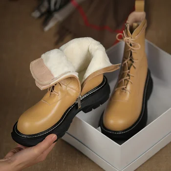 Ankle Boots com zíper e Cadarço Mulheres de Peles de Couro de Vaca Chunky Calcanhar de Inverno Preto de Arranque Elegante de Couro Genuíno Botas Sapatos Femininos
