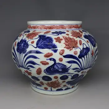 Antigo Chinease YuanDynasty Jarra de porcelana,Azul e vermelho, pote, lagoa padrão,artesanato, Decoração,coleção & adorno, frete Grátis 0