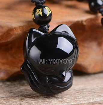 Belo Trabalho De Obsidiana Preta Esculpida Chinês Pequeno Bonito Fox Sorte Amuleto Pingente + Colar De Pérolas Finas Jóias Na Moda
