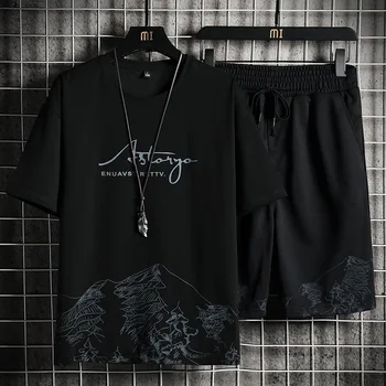 Camiseta + Shorts de Verão Respirável Casual T-shirt Conjunto com a Moda Harajuku Impresso Masculino Esporte Terno 2022 Novo 1
