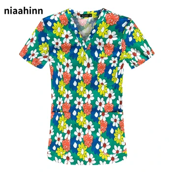 Casual Enfermeira de Uniforme estampa Floral Mulheres Tops de Manga Curta com decote em V Blusa Bolso da Camisa Cuidados de Beleza Esfoliação Uniformes Enfermera Mujer 0