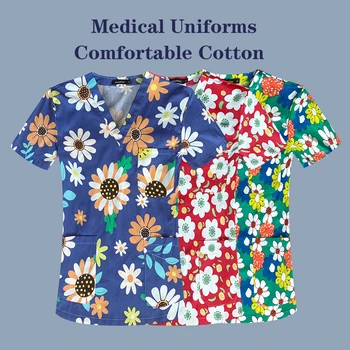 Casual Enfermeira de Uniforme estampa Floral Mulheres Tops de Manga Curta com decote em V Blusa Bolso da Camisa Cuidados de Beleza Esfoliação Uniformes Enfermera Mujer 1
