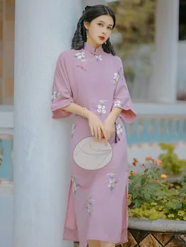 Cheongsam Jovens Versão Diária Roxo Delicado Vestido Elegante Para As Mulheres 2021 Bordado De Flores Retro Bodycon Vestido 0