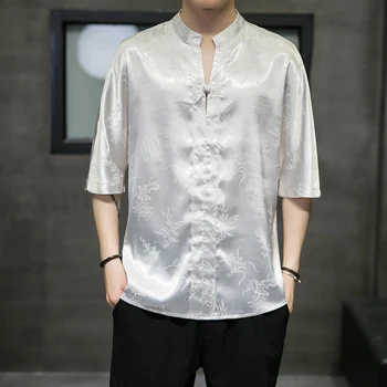 China Estilo De Branco Acetinado Suave Superior Para Homens Verão Confortável, De Tamanho Grande Blusa Luxo Elegante Colarinho De Mandarim De Seda, Camisas De 2022 0