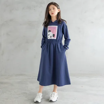Cinza Azul Bezerro De Comprimento Vestidos De Camisolas Para Little Big Meninas Roupa De Outono 2021 Com Capuz Algodão Impresso Vestido De Roupas De Crianças 2