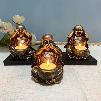 Conjunto De 3 Peças Estátua De Buda De Velas Ornamentos Três-Nenhum Buda Maitreya Estátua De Artesanato Decoração De Casa Zen Suporte De Vela 0