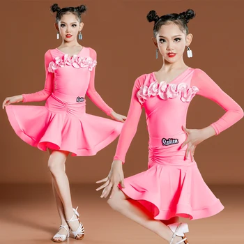 Cor-de-rosa latina Competição de Dança de Vestidos de Samba Prática Desgaste ChaCha de Dança de Desempenho Roupa Bodysuit Saia Rumba de Roupa YS4426 0