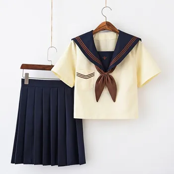 Coroa Embroideried 2019 Outono Japonês de Uniformes Escolares Para Meninas Marinheiro Bonito Tops Saia Plissada Conjuntos Completos de Cosplay Traje JK