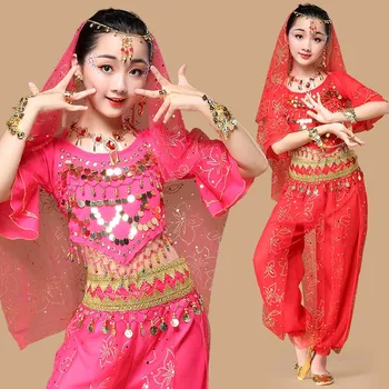 Crianças de Dança Indiana Traje Meninas de Dança do Ventre, Conjuntos de Dança Oriental Nacional de Desempenho Traje de Bollywood Dance usar 3 Cores 1