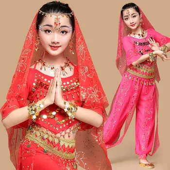 Crianças de Dança Indiana Traje Meninas de Dança do Ventre, Conjuntos de Dança Oriental Nacional de Desempenho Traje de Bollywood Dance usar 3 Cores 2
